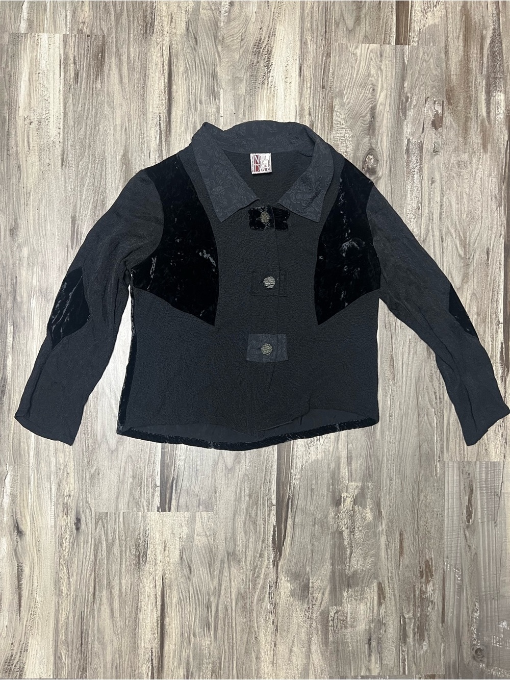 VTG Neil & David Black Velvet Patchwork Blouse Small Whimsigoth Shacket Top
